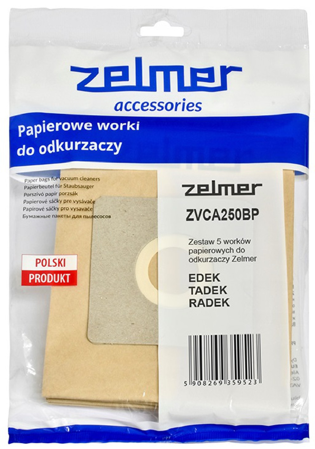 Zestaw 5 szt. worków papierowych Zelmer ZVCA250BP + filtr do odkurzacza