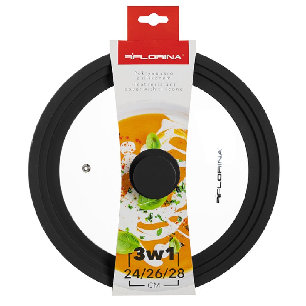 Pokrywka Szklana Żaroodporna 3w1 Florina 24/26/28 Cm Z Silikonem Czarny