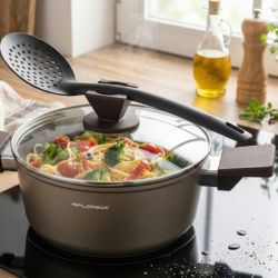 Garnek Aston Florina 22 cm 5,0L. Z Pokrywką Wysoki, IND. by Mateusz Gessler (Szampan, Powłoka Non-Stick, Uchwyt Czarny)