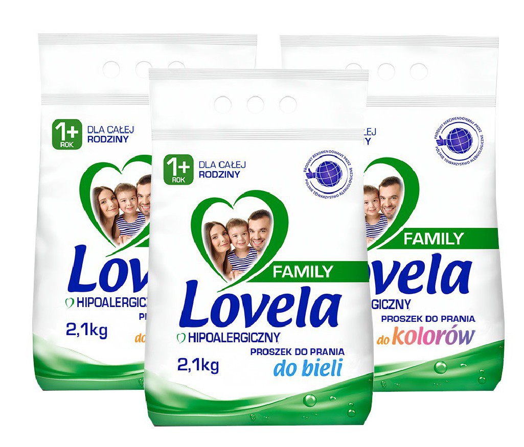 Lovela Family Proszek do prania kolorowych tkanin 2,1 kg x2, białych tkanin 2,1 kg x1